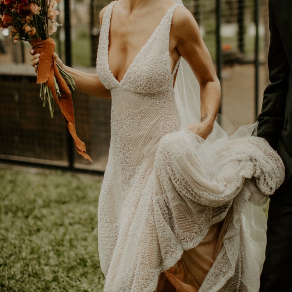 💍 Costarellos “Rosebud” Wedding Dress – Romantic beaded fit & flare, semi-sheer